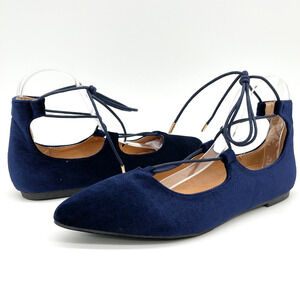 Yoki‎ Urban Velvet Ballet Flat Shoes Pointed Toe Lace-up Navy Blue Glam Classic